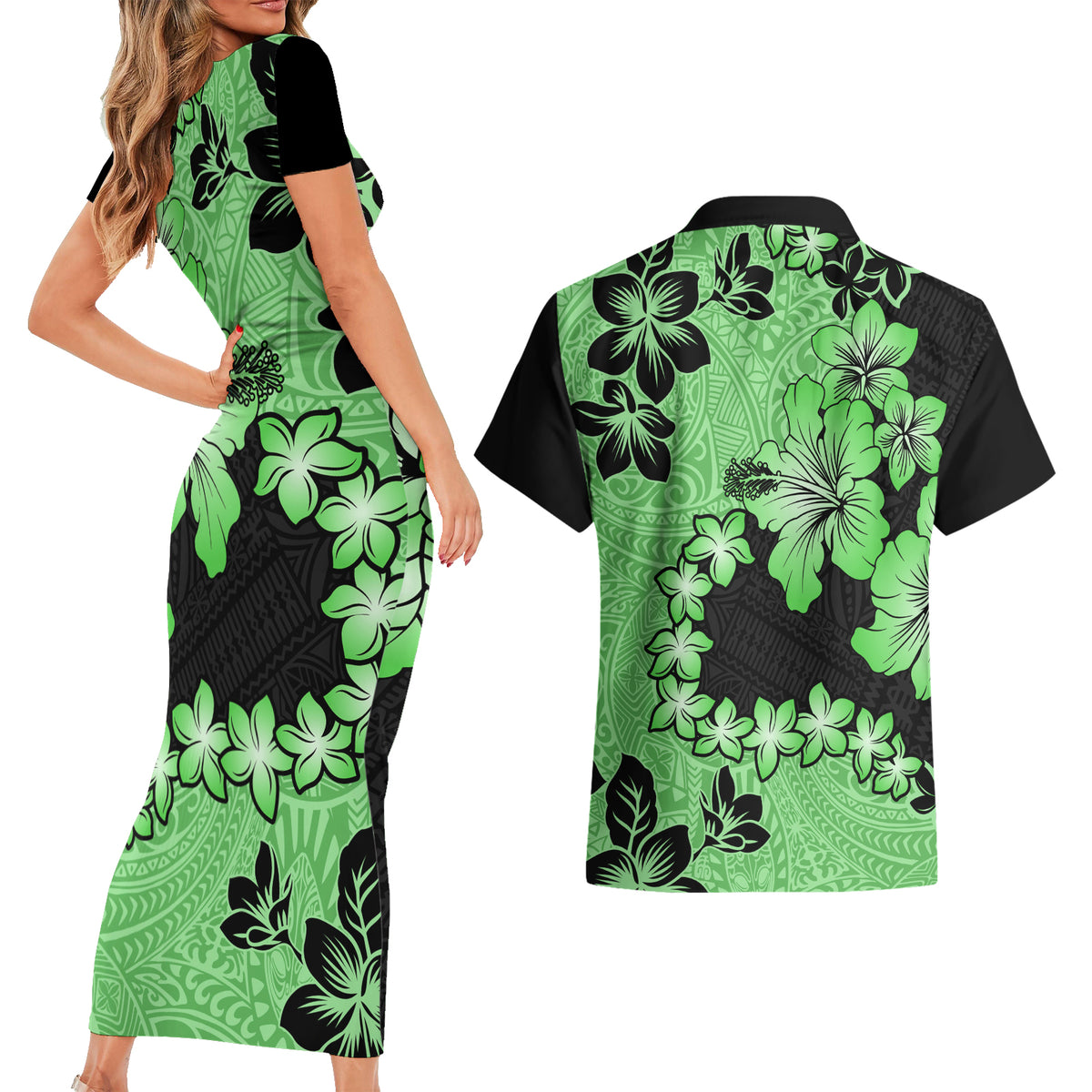 Green Hawaii Couples Matching Short Sleeve Bodycon Dress and Hawaiian Shirt Tapa Cloth Mix Tropical Flowers Pastel Vibes LT14 - Polynesian Pride