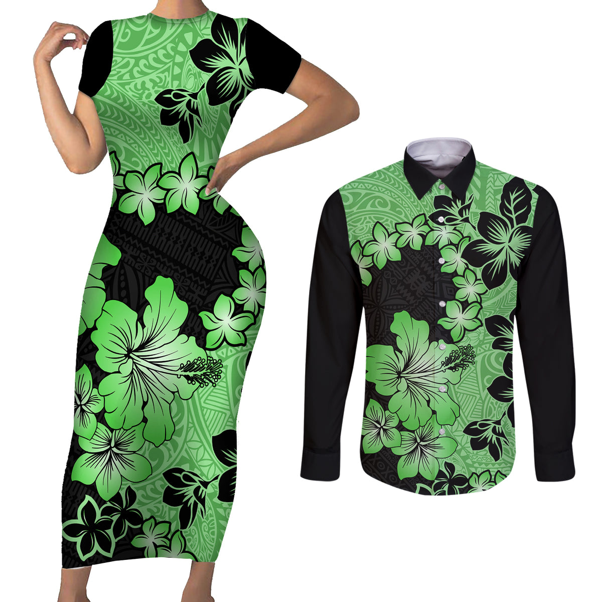 Green Hawaii Couples Matching Short Sleeve Bodycon Dress and Long Sleeve Button Shirt Tapa Cloth Mix Tropical Flowers Pastel Vibes LT14 Green - Polynesian Pride