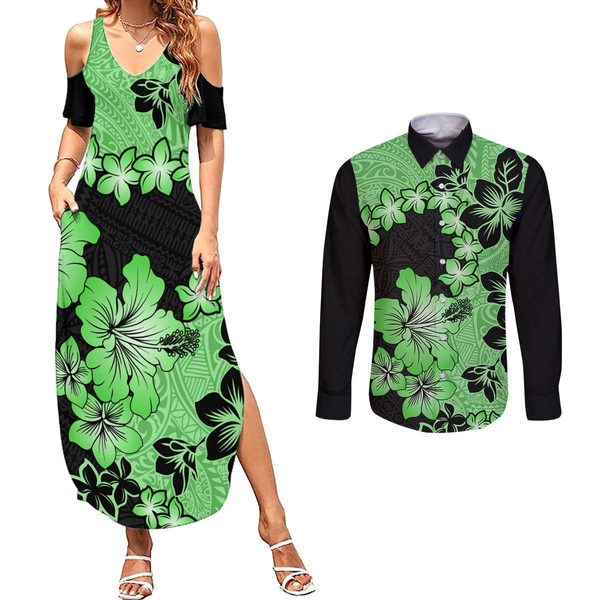 Green Hawaii Couples Matching Summer Maxi Dress and Long Sleeve Button Shirt Tapa Cloth Mix Tropical Flowers Pastel Vibes LT14 Green - Polynesian Pride