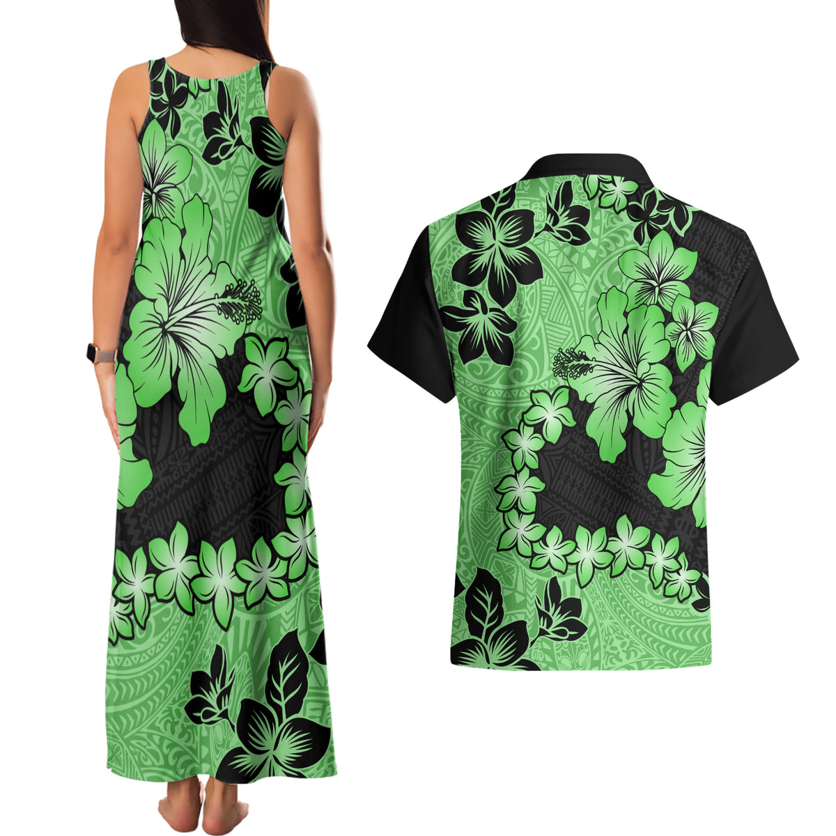 Green Hawaii Couples Matching Tank Maxi Dress and Hawaiian Shirt Tapa Cloth Mix Tropical Flowers Pastel Vibes LT14 - Polynesian Pride