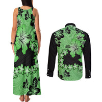 Green Hawaii Couples Matching Tank Maxi Dress and Long Sleeve Button Shirt Tapa Cloth Mix Tropical Flowers Pastel Vibes LT14 - Polynesian Pride