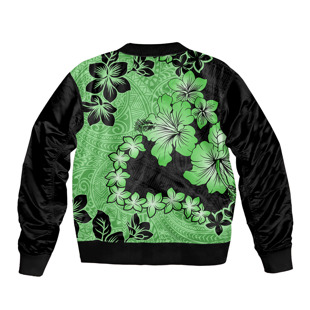 Green Hawaii Sleeve Zip Bomber Jacket Tapa Cloth Mix Tropical Flowers Pastel Vibes LT14 - Polynesian Pride