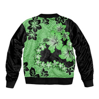 Green Hawaii Sleeve Zip Bomber Jacket Tapa Cloth Mix Tropical Flowers Pastel Vibes LT14 - Polynesian Pride