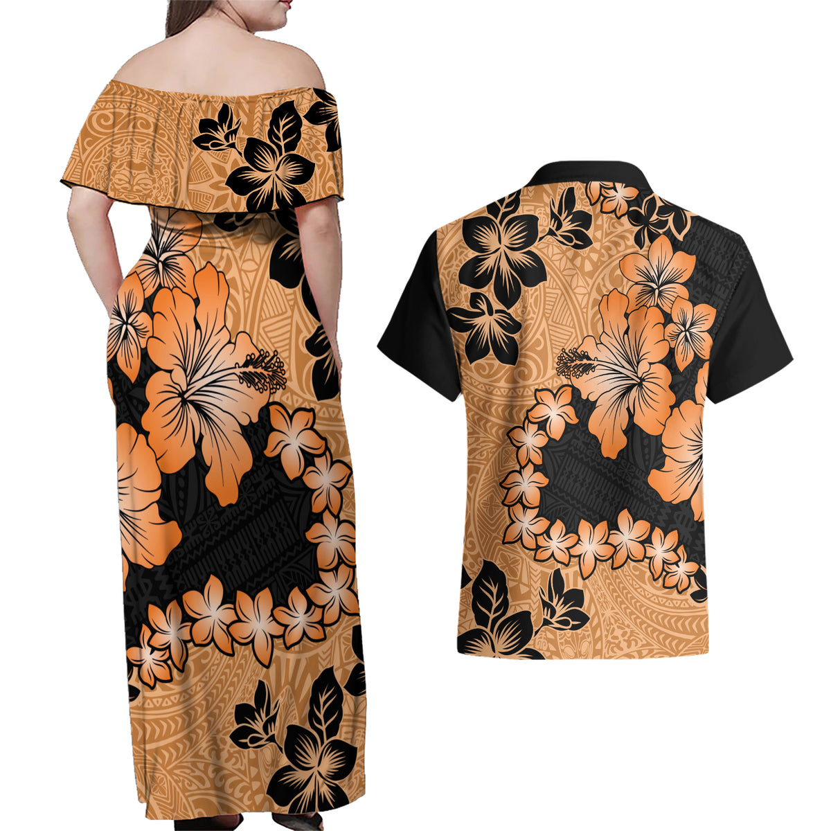 Orange Hawaii Couples Matching Off Shoulder Maxi Dress and Hawaiian Shirt Tapa Cloth Mix Tropical Flowers Pastel Vibes LT14 - Polynesian Pride