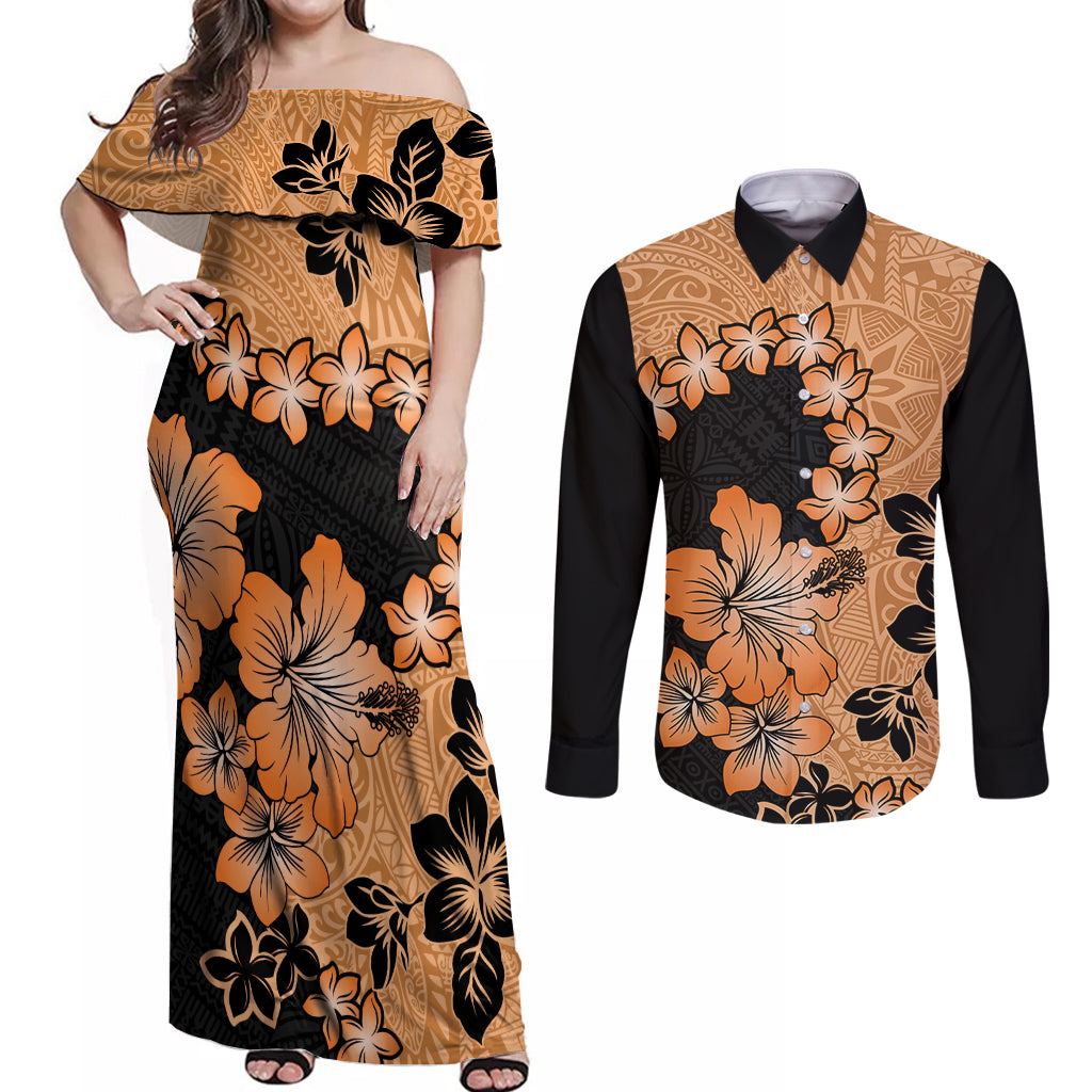 Orange Hawaii Couples Matching Off Shoulder Maxi Dress and Long Sleeve Button Shirt Tapa Cloth Mix Tropical Flowers Pastel Vibes LT14 Orange - Polynesian Pride