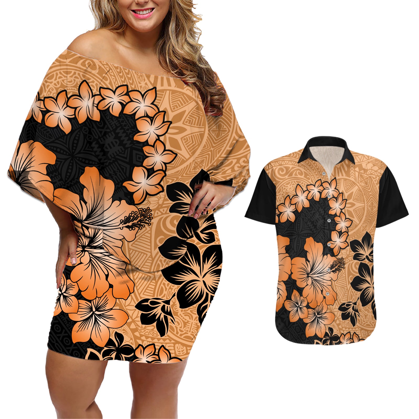 Orange Hawaii Couples Matching Off Shoulder Short Dress and Hawaiian Shirt Tapa Cloth Mix Tropical Flowers Pastel Vibes LT14 Orange - Polynesian Pride