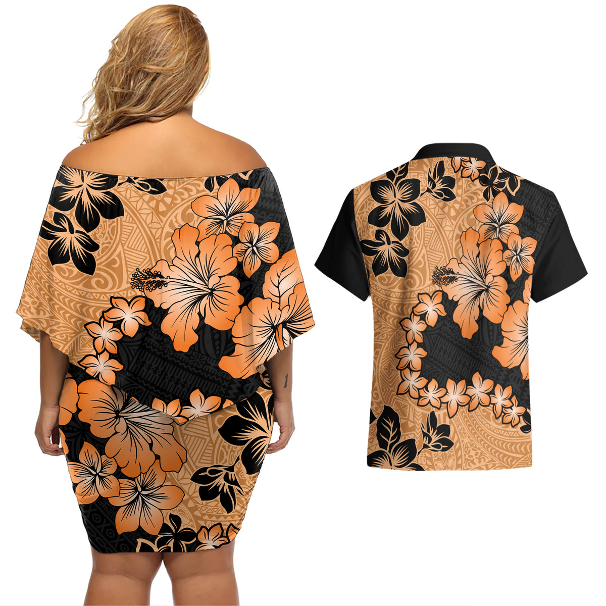 Orange Hawaii Couples Matching Off Shoulder Short Dress and Hawaiian Shirt Tapa Cloth Mix Tropical Flowers Pastel Vibes LT14 - Polynesian Pride