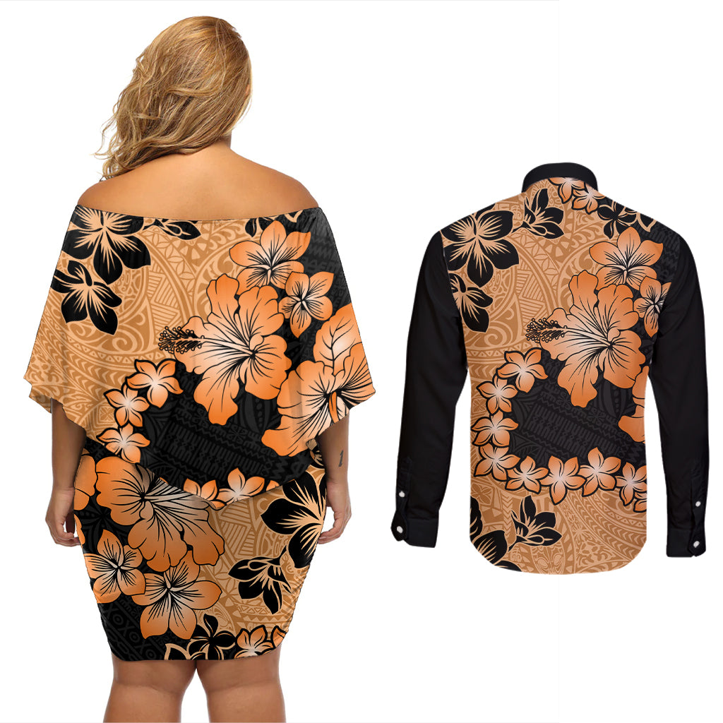 Orange Hawaii Couples Matching Off Shoulder Short Dress and Long Sleeve Button Shirt Tapa Cloth Mix Tropical Flowers Pastel Vibes LT14 - Polynesian Pride