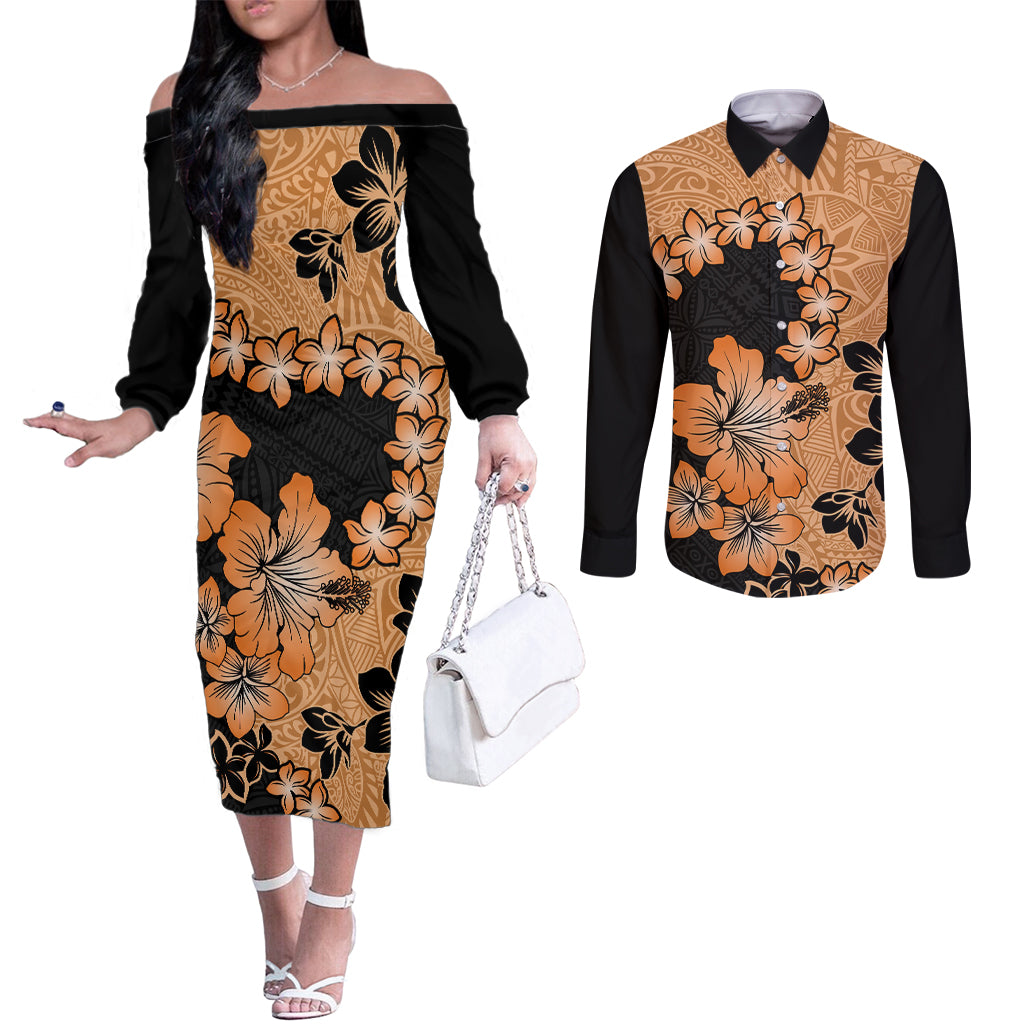 Orange Hawaii Couples Matching Off The Shoulder Long Sleeve Dress and Long Sleeve Button Shirt Tapa Cloth Mix Tropical Flowers Pastel Vibes LT14 Orange - Polynesian Pride