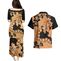 Orange Hawaii Couples Matching Puletasi Dress and Hawaiian Shirt Tapa Cloth Mix Tropical Flowers Pastel Vibes LT14 - Polynesian Pride