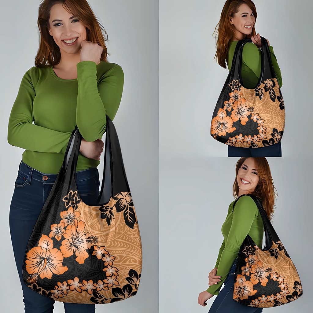 Orange Hawaii Grocery Bag Tapa Cloth Mix Tropical Flowers Pastel Vibes