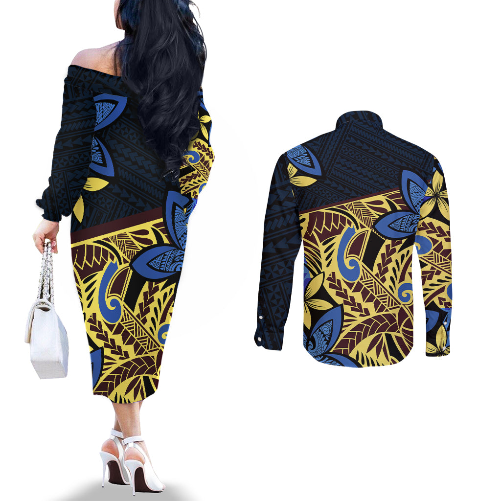 Polynesia Fabric Couples Matching Off The Shoulder Long Sleeve Dress and Long Sleeve Button Shirt Polynesian Tribal With Frangipani Flowers LT14 - Polynesian Pride