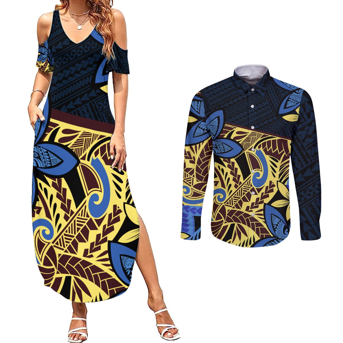 Polynesia Fabric Couples Matching Summer Maxi Dress and Long Sleeve Button Shirt Polynesian Tribal With Frangipani Flowers LT14 Blue - Polynesian Pride