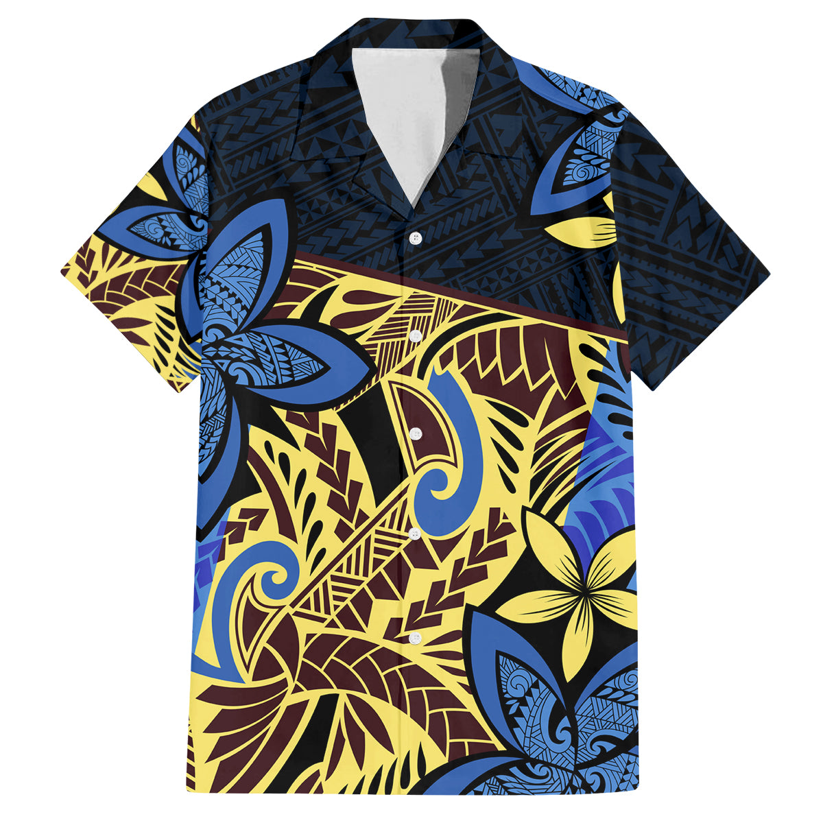Polynesia Fabric Family Matching Summer Maxi Dress and Hawaiian Shirt Polynesian Tribal With Frangipani Flowers LT14 Dad's Shirt - Short Sleeve Blue - Polynesian Pride