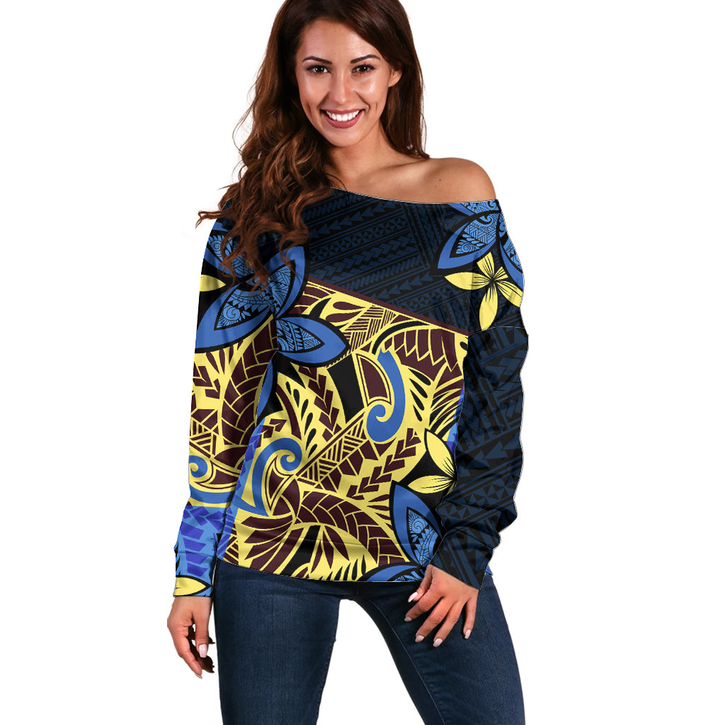 Polynesia Fabric Off Shoulder Sweater Polynesian Tribal With Frangipani Flowers LT14 Women Blue - Polynesian Pride