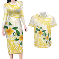 Gold And White Polynesia Plumeria Couples Matching Long Sleeve Bodycon Dress and Hawaiian Shirt Curves Tropical Vibes LT14 Gold - Polynesian Pride