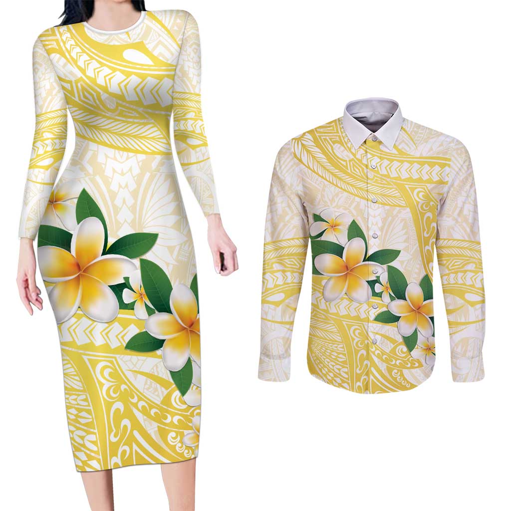 Gold And White Polynesia Plumeria Couples Matching Long Sleeve Bodycon Dress and Long Sleeve Button Shirt Curves Tropical Vibes LT14 Gold - Polynesian Pride