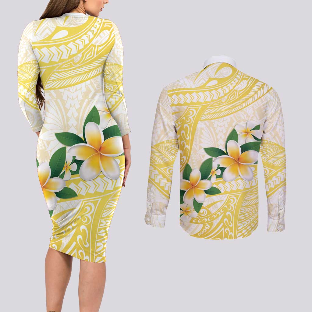 Gold And White Polynesia Plumeria Couples Matching Long Sleeve Bodycon Dress and Long Sleeve Button Shirt Curves Tropical Vibes LT14 - Polynesian Pride