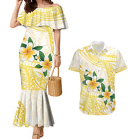 Gold And White Polynesia Plumeria Couples Matching Mermaid Dress and Hawaiian Shirt Curves Tropical Vibes LT14 Gold - Polynesian Pride