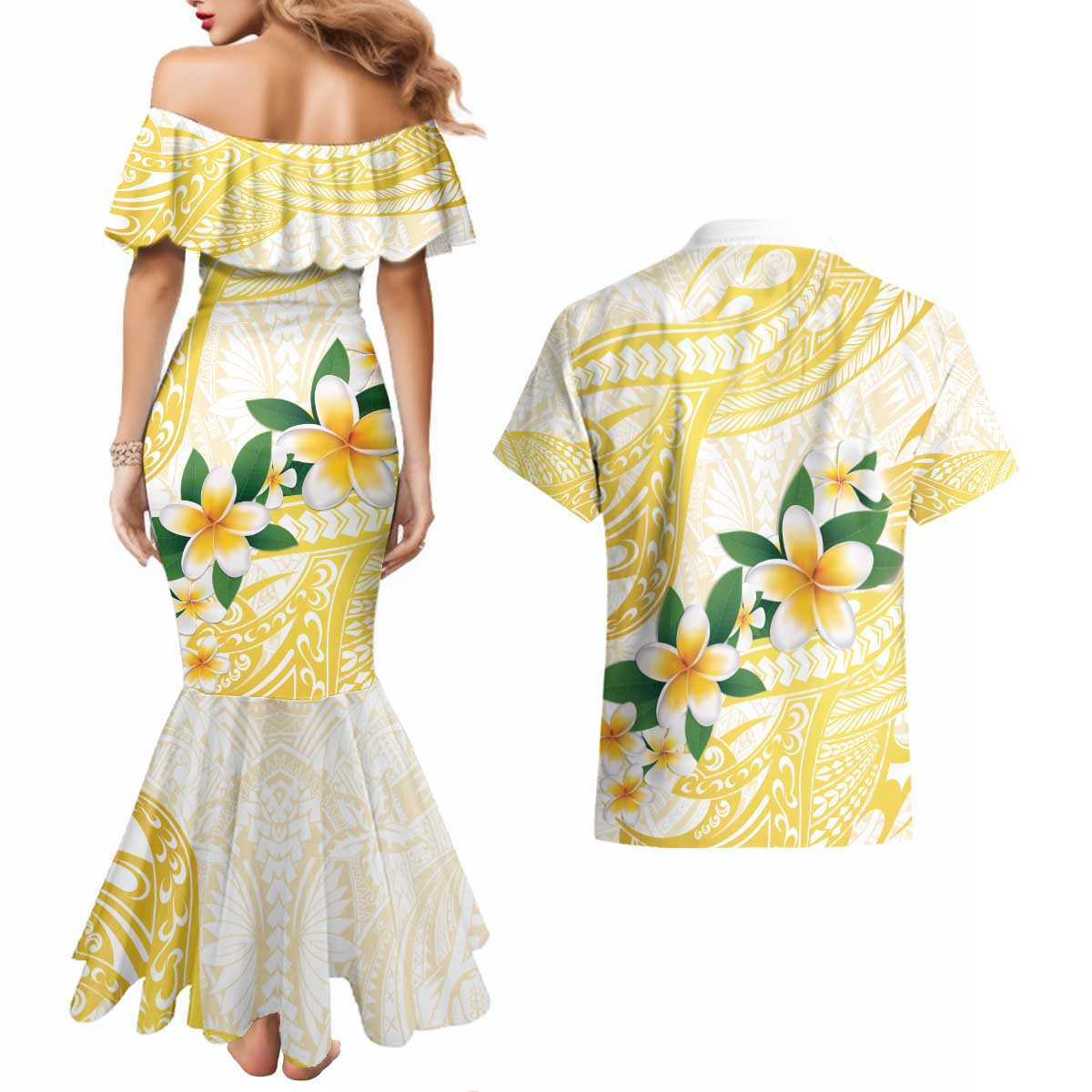 Gold And White Polynesia Plumeria Couples Matching Mermaid Dress and Hawaiian Shirt Curves Tropical Vibes LT14 - Polynesian Pride