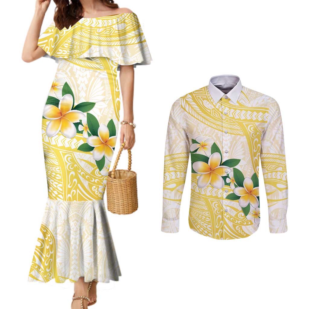 Gold And White Polynesia Plumeria Couples Matching Mermaid Dress and Long Sleeve Button Shirt Curves Tropical Vibes LT14 Gold - Polynesian Pride