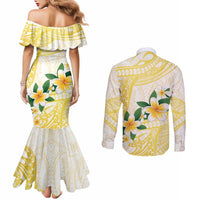 Gold And White Polynesia Plumeria Couples Matching Mermaid Dress and Long Sleeve Button Shirt Curves Tropical Vibes LT14 - Polynesian Pride