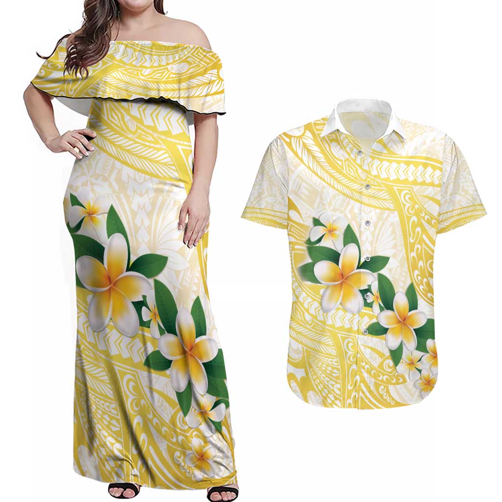Gold And White Polynesia Plumeria Couples Matching Off Shoulder Maxi Dress and Hawaiian Shirt Curves Tropical Vibes LT14 Gold - Polynesian Pride