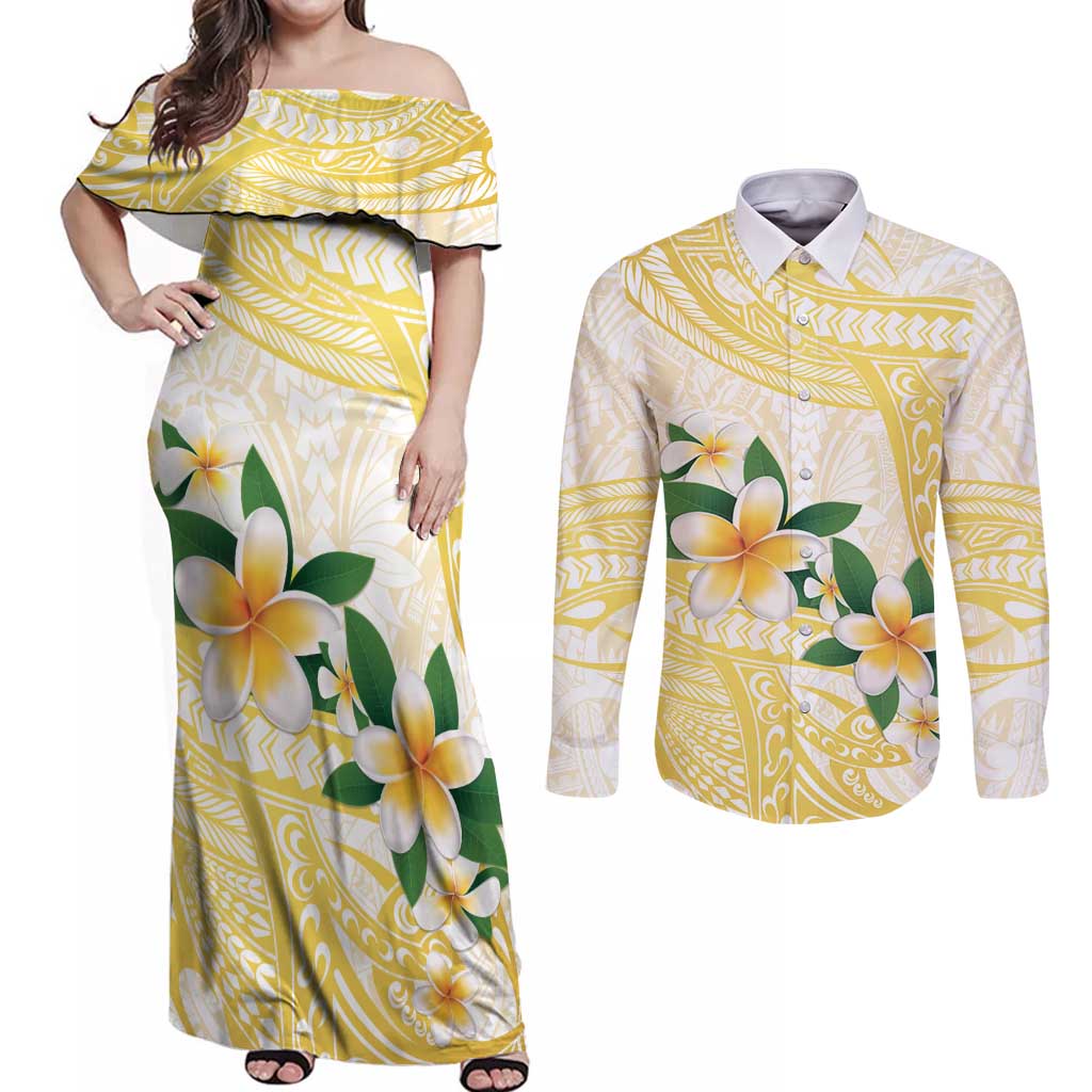 Gold And White Polynesia Plumeria Couples Matching Off Shoulder Maxi Dress and Long Sleeve Button Shirt Curves Tropical Vibes LT14 Gold - Polynesian Pride