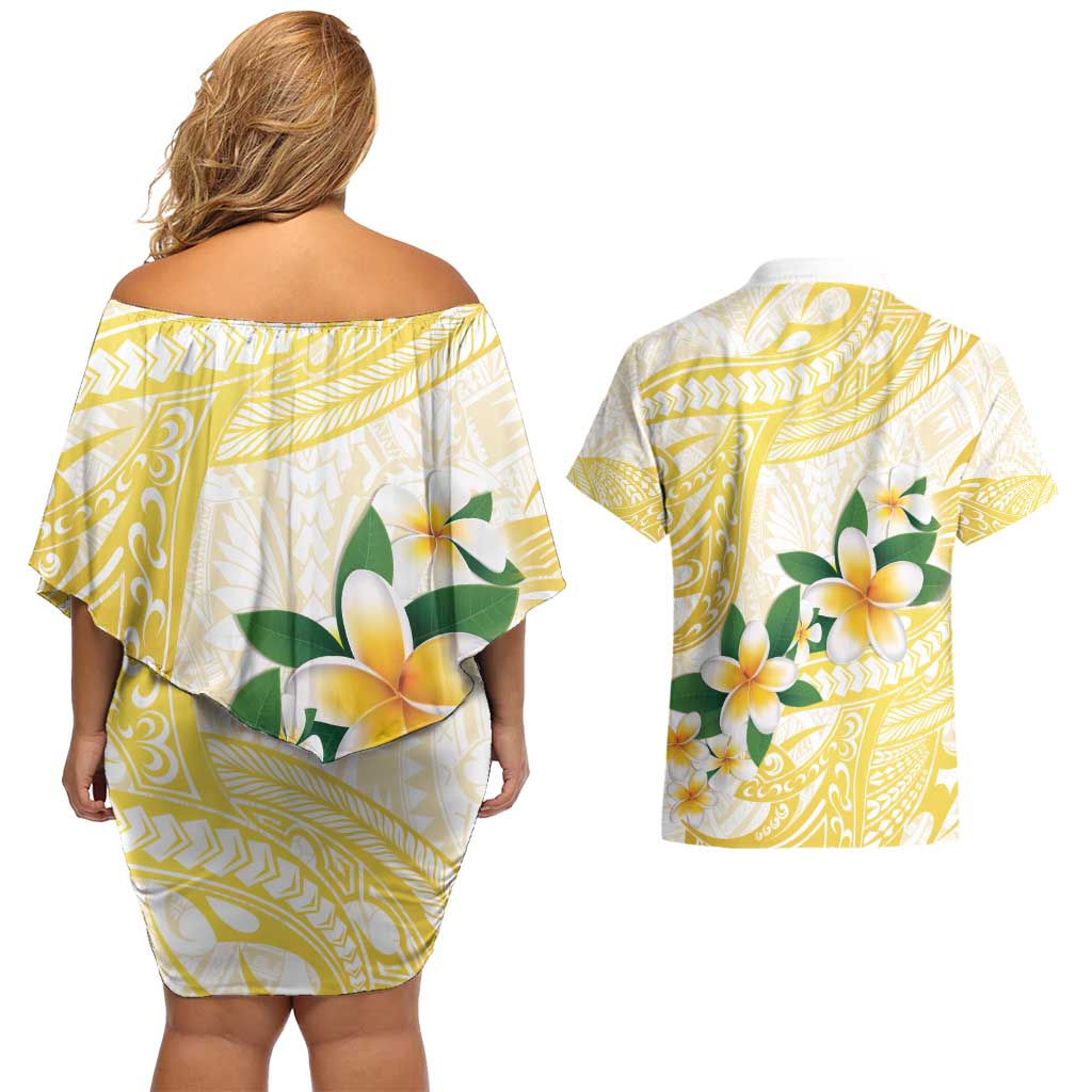 Gold And White Polynesia Plumeria Couples Matching Off Shoulder Short Dress and Hawaiian Shirt Curves Tropical Vibes LT14 - Polynesian Pride