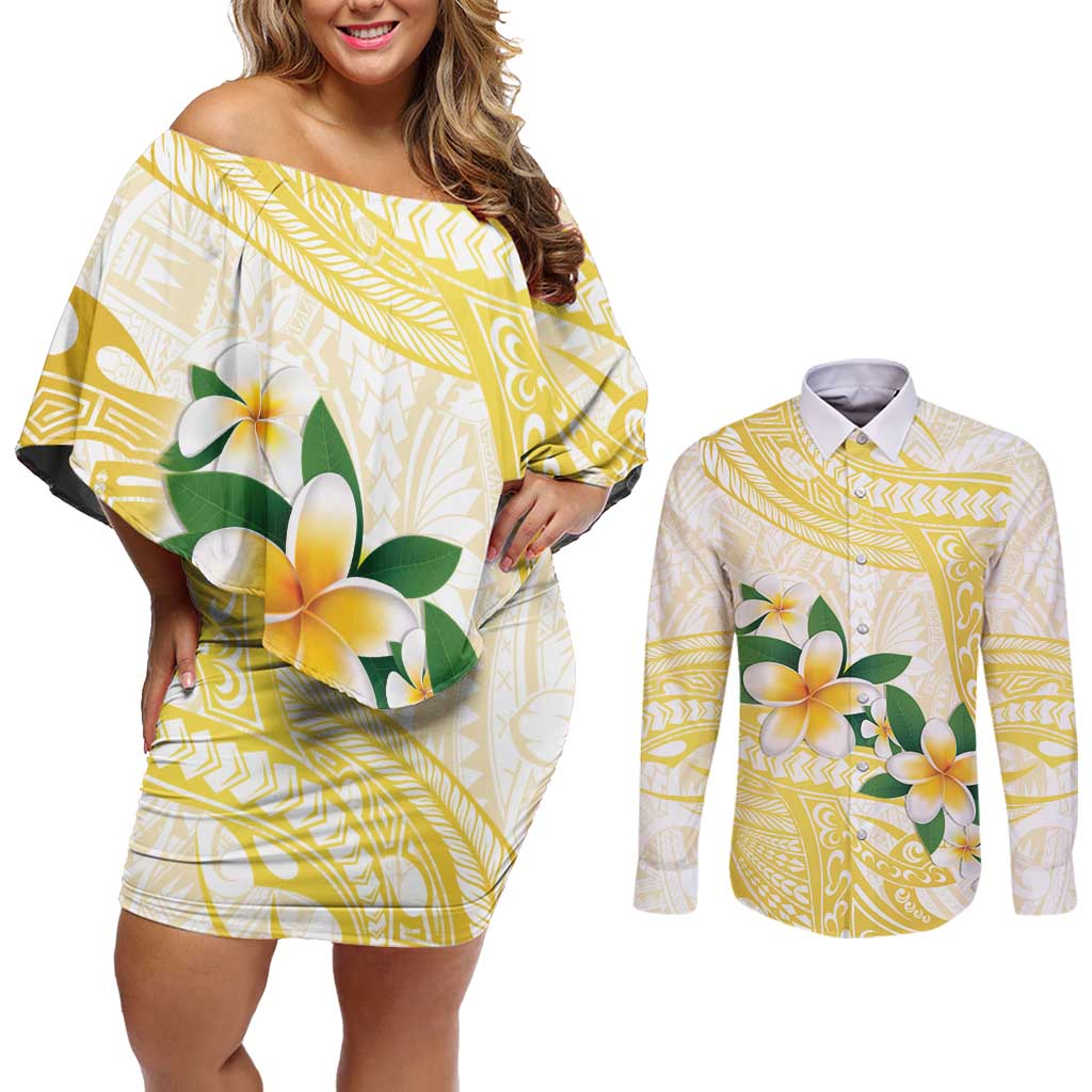 Gold And White Polynesia Plumeria Couples Matching Off Shoulder Short Dress and Long Sleeve Button Shirt Curves Tropical Vibes LT14 Gold - Polynesian Pride