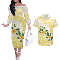 Gold And White Polynesia Plumeria Couples Matching Off The Shoulder Long Sleeve Dress and Hawaiian Shirt Curves Tropical Vibes LT14 Gold - Polynesian Pride