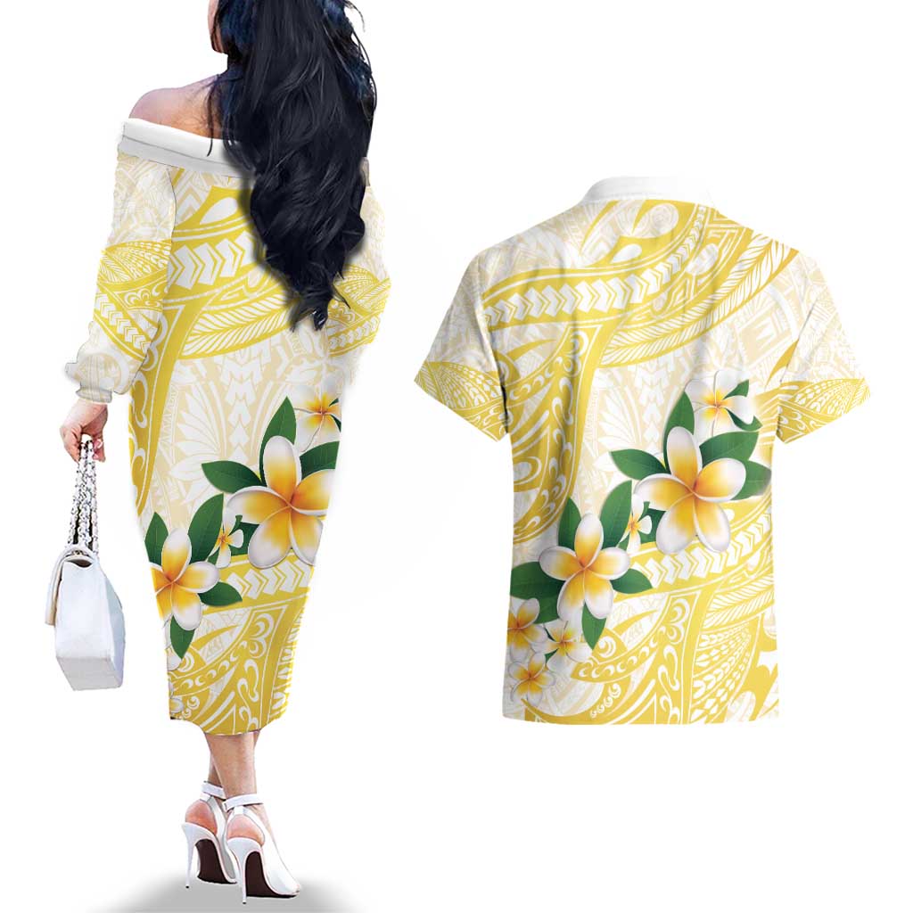 Gold And White Polynesia Plumeria Couples Matching Off The Shoulder Long Sleeve Dress and Hawaiian Shirt Curves Tropical Vibes LT14 - Polynesian Pride