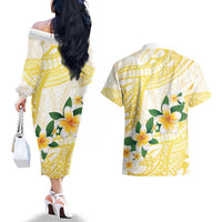 Gold And White Polynesia Plumeria Couples Matching Off The Shoulder Long Sleeve Dress and Hawaiian Shirt Curves Tropical Vibes LT14 - Polynesian Pride