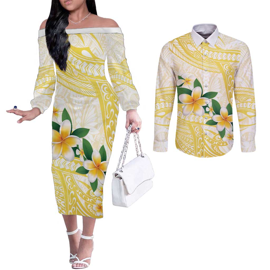 Gold And White Polynesia Plumeria Couples Matching Off The Shoulder Long Sleeve Dress and Long Sleeve Button Shirt Curves Tropical Vibes LT14 Gold - Polynesian Pride