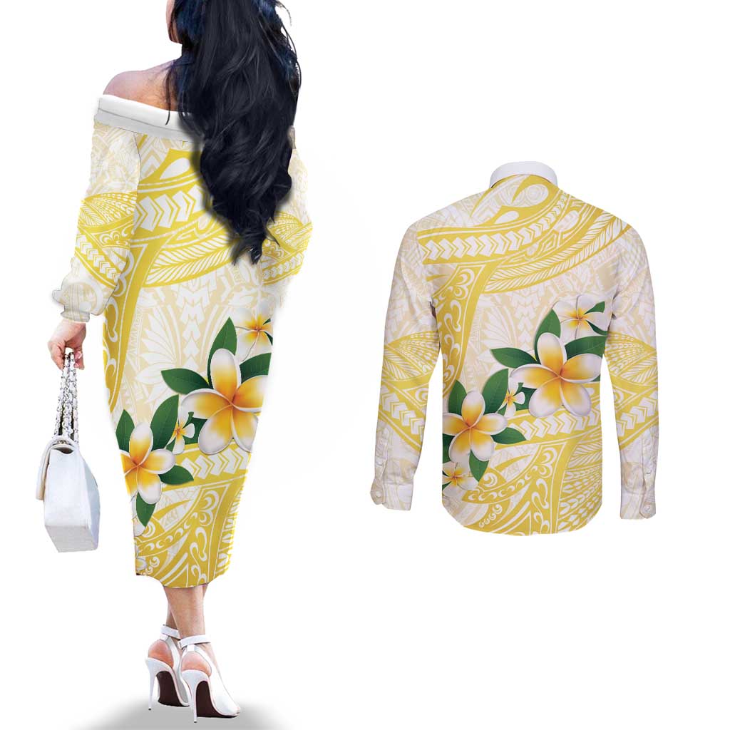 Gold And White Polynesia Plumeria Couples Matching Off The Shoulder Long Sleeve Dress and Long Sleeve Button Shirt Curves Tropical Vibes LT14 - Polynesian Pride