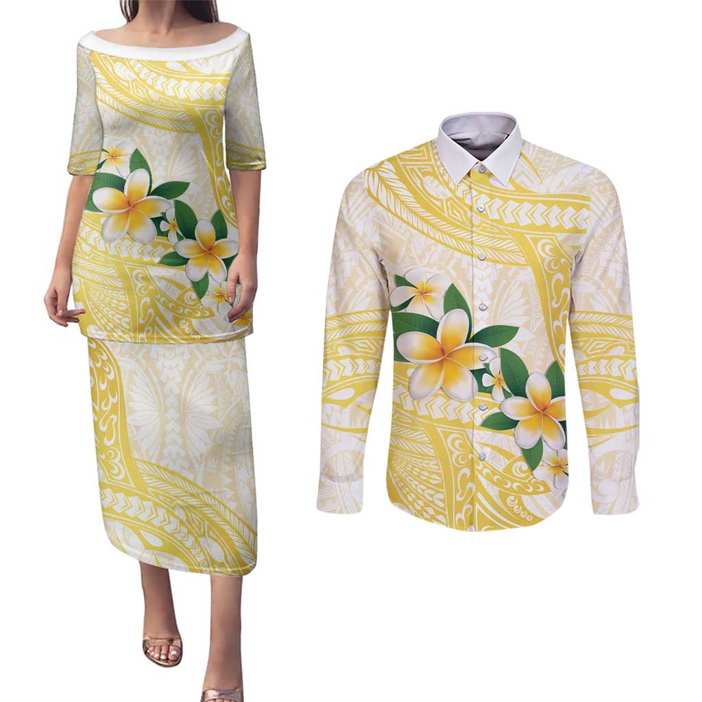 Gold And White Polynesia Plumeria Couples Matching Puletasi and Long Sleeve Button Shirt Curves Tropical Vibes LT14 Gold - Polynesian Pride