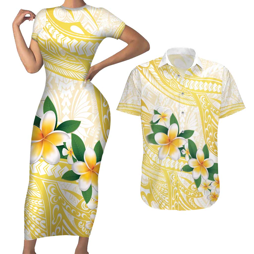 Gold And White Polynesia Plumeria Couples Matching Short Sleeve Bodycon Dress and Hawaiian Shirt Curves Tropical Vibes LT14 Gold - Polynesian Pride