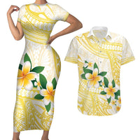 Gold And White Polynesia Plumeria Couples Matching Short Sleeve Bodycon Dress and Hawaiian Shirt Curves Tropical Vibes LT14 Gold - Polynesian Pride