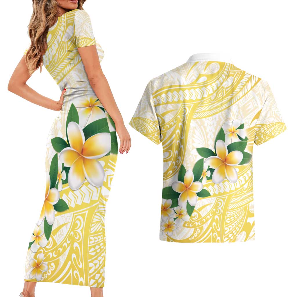 Gold And White Polynesia Plumeria Couples Matching Short Sleeve Bodycon Dress and Hawaiian Shirt Curves Tropical Vibes LT14 - Polynesian Pride