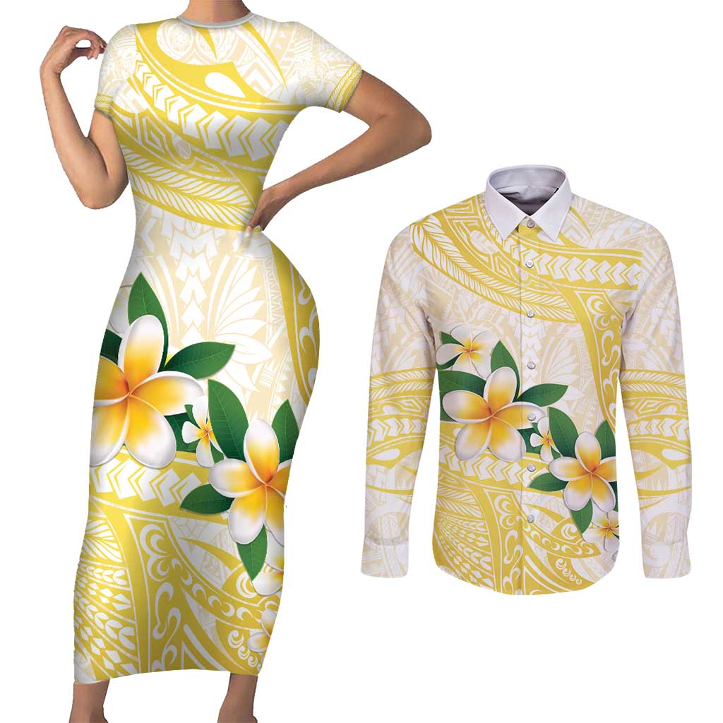 Gold And White Polynesia Plumeria Couples Matching Short Sleeve Bodycon Dress and Long Sleeve Button Shirt Curves Tropical Vibes LT14 Gold - Polynesian Pride