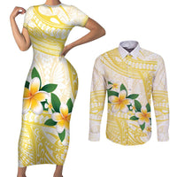 Gold And White Polynesia Plumeria Couples Matching Short Sleeve Bodycon Dress and Long Sleeve Button Shirt Curves Tropical Vibes LT14 Gold - Polynesian Pride