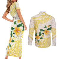Gold And White Polynesia Plumeria Couples Matching Short Sleeve Bodycon Dress and Long Sleeve Button Shirt Curves Tropical Vibes LT14 - Polynesian Pride