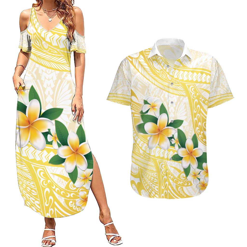 Gold And White Polynesia Plumeria Couples Matching Summer Maxi Dress and Hawaiian Shirt Curves Tropical Vibes LT14 Gold - Polynesian Pride