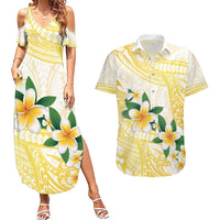 Gold And White Polynesia Plumeria Couples Matching Summer Maxi Dress and Hawaiian Shirt Curves Tropical Vibes LT14 Gold - Polynesian Pride