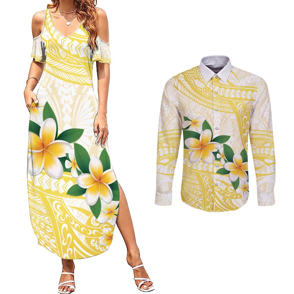 Gold And White Polynesia Plumeria Couples Matching Summer Maxi Dress and Long Sleeve Button Shirt Curves Tropical Vibes LT14 Gold - Polynesian Pride
