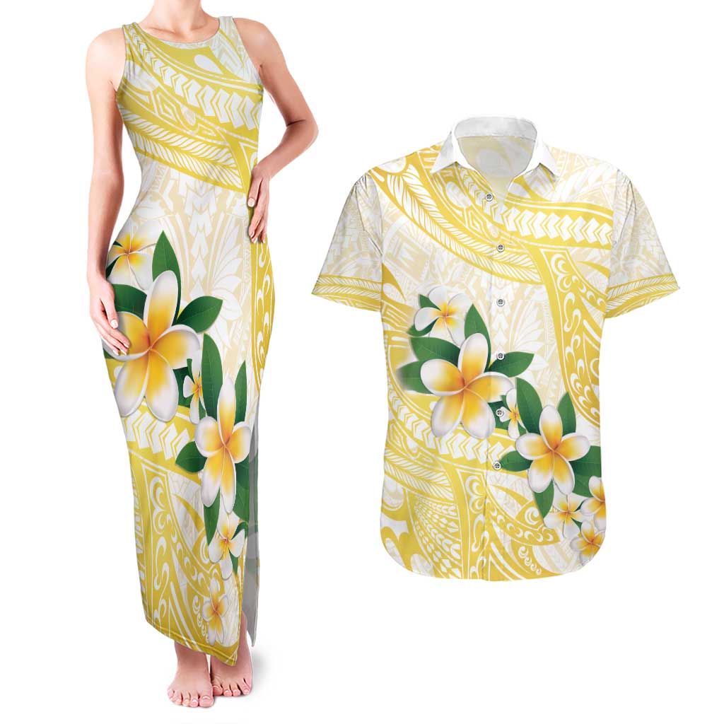 Gold And White Polynesia Plumeria Couples Matching Tank Maxi Dress and Hawaiian Shirt Curves Tropical Vibes LT14 Gold - Polynesian Pride