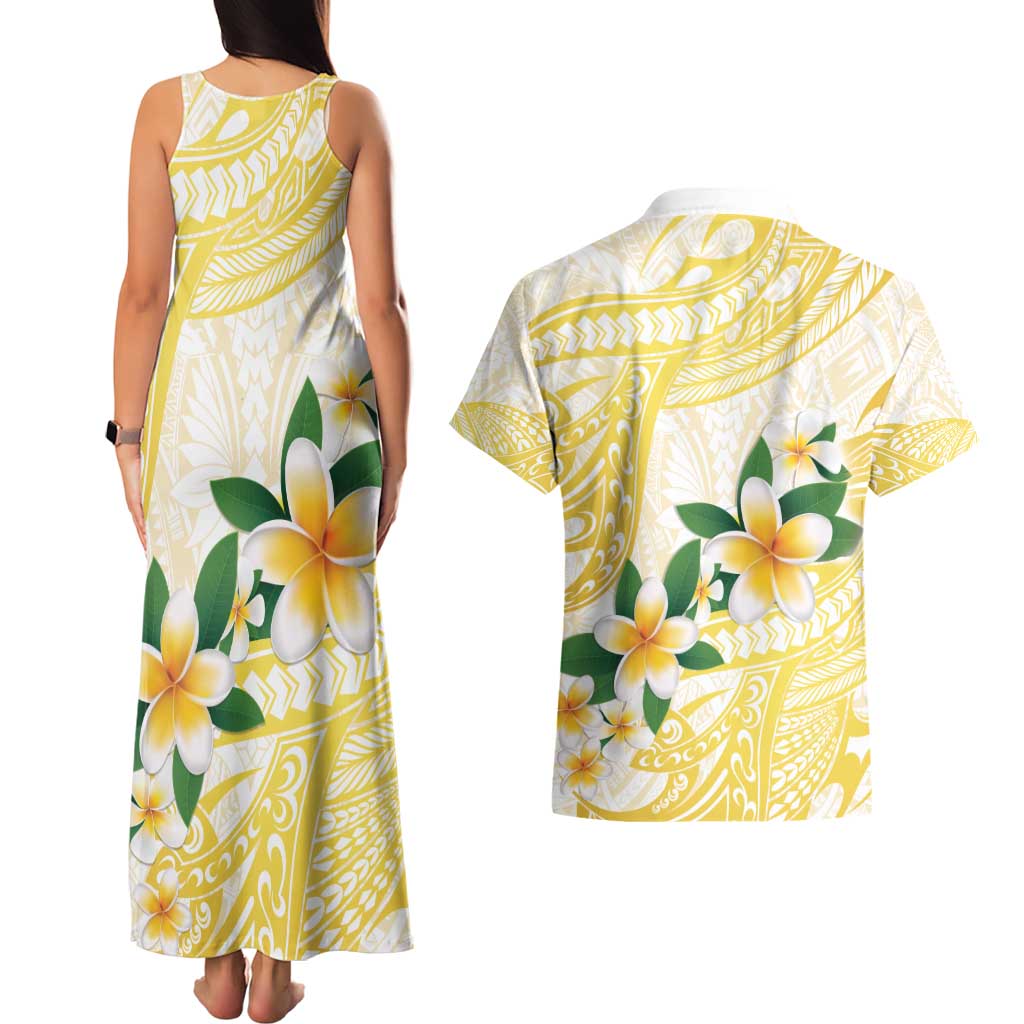 Gold And White Polynesia Plumeria Couples Matching Tank Maxi Dress and Hawaiian Shirt Curves Tropical Vibes LT14 - Polynesian Pride
