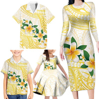 Gold And White Polynesia Plumeria Family Matching Long Sleeve Bodycon Dress and Hawaiian Shirt Curves Tropical Vibes LT14 - Polynesian Pride