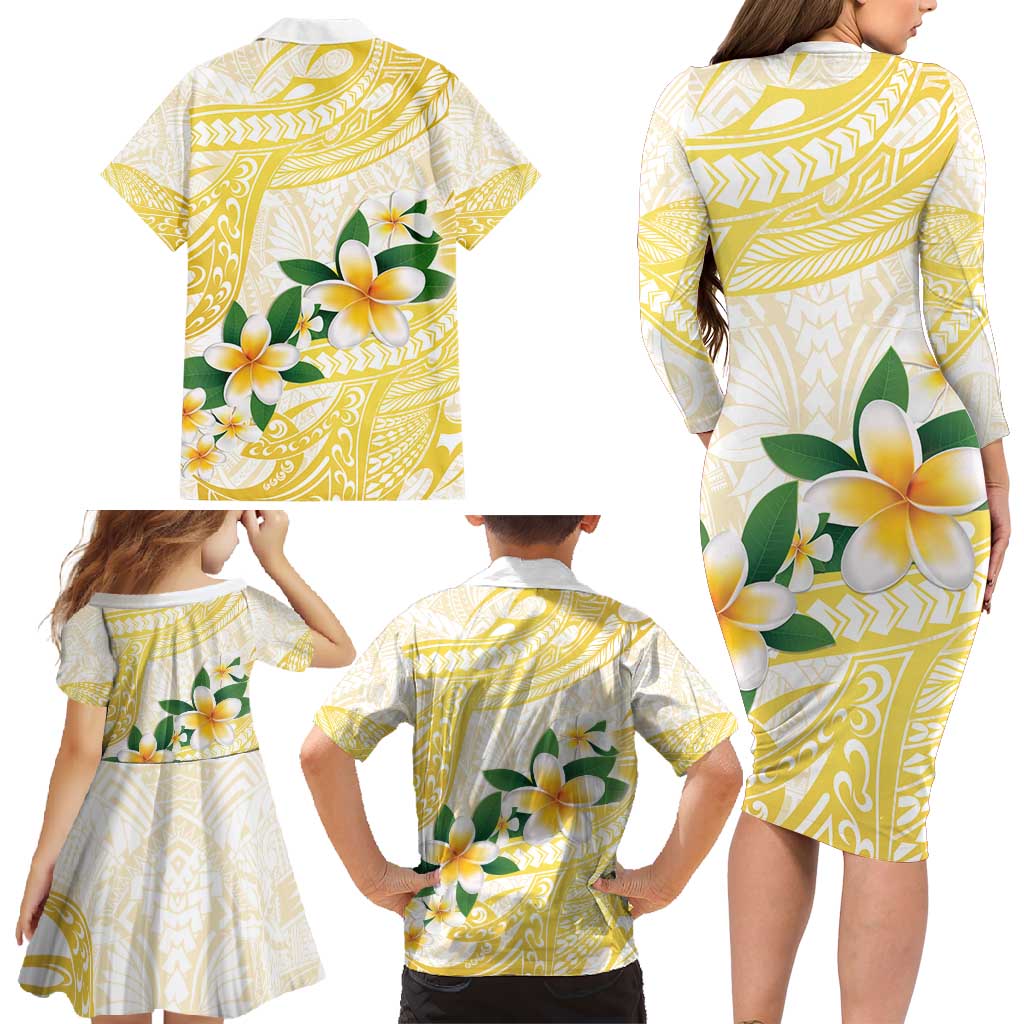 Gold And White Polynesia Plumeria Family Matching Long Sleeve Bodycon Dress and Hawaiian Shirt Curves Tropical Vibes LT14 - Polynesian Pride