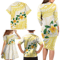 Gold And White Polynesia Plumeria Family Matching Long Sleeve Bodycon Dress and Hawaiian Shirt Curves Tropical Vibes LT14 - Polynesian Pride